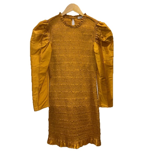 ULLA JOHNSON Aurele dress gold mini silk 4 puff sleeve smocked shirred NWOT - Picture 6 of 15